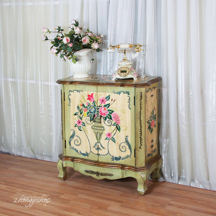 New Chinese green old pair door cabinet antique hand-drawn decoration cabinet display cabinet