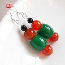 Original new ethnic style jade earrings 925 sterling silver jade earrings red emerald jade earrings show temperament