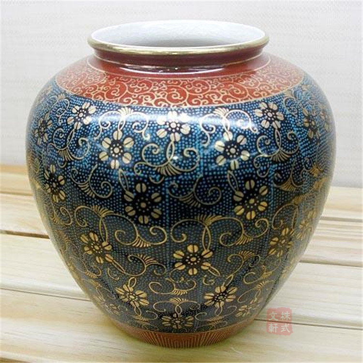 中国美術九谷燒雙獅耳青花山水花瓶 花器陶器 壺 希少品 （九谷烧