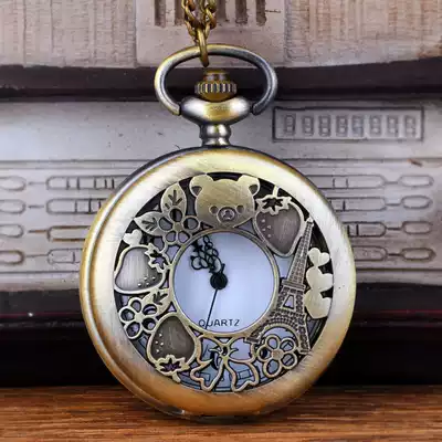 Large fine chain bronze hollow cub retro quartz pocket watch inside white face black iron tower pocket watch 8860