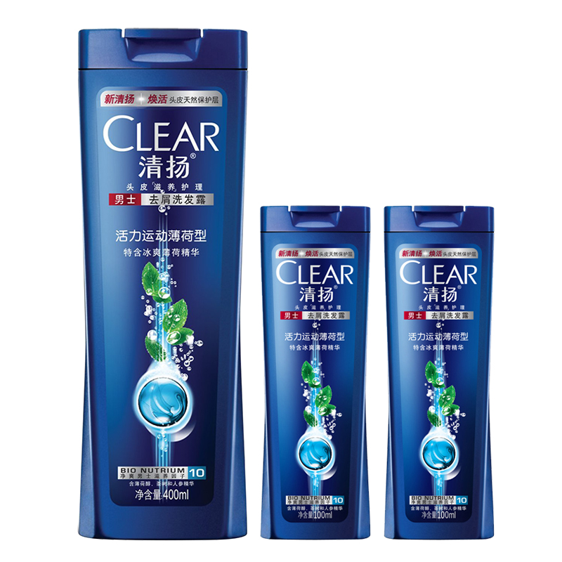 清扬男士洗发水去屑洗发露乳活力运动薄荷型400ml+100ml+100ml