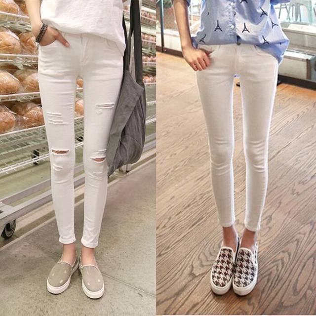 2023 Spring and Autumn New Ripped White Nine-Point Pants Women's Stretch Slimming Small Foot Jeans Black Tight Pencil Pants