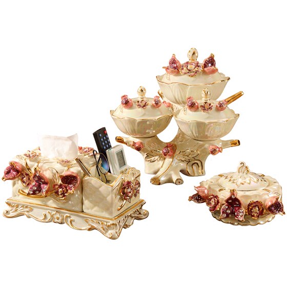 European-style fruit plate set luxury creative modern living room household tissue box ceramic fruit plate three-piece set decoration