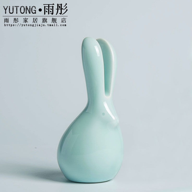 Lovely rabbit contracted the new Chinese style ceramic furnishing articles green glaze rabbit mattress in the sitting room porch decoration crafts and gifts