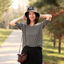 Summer ins half-sleeve T-shirt womens simple T-shirt cotton horizontal stripes base shirt thin mid-sleeve V-collar top women