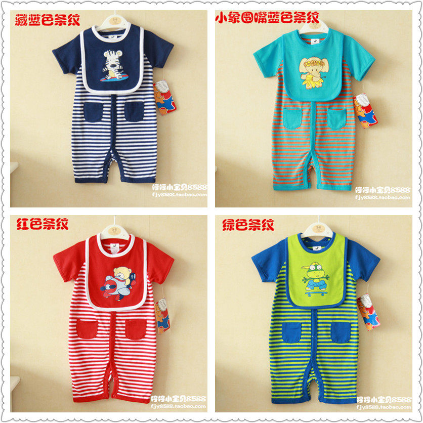 Summer Paragraph Baby Khasehood Baby One-piece Clothing Newborn Cotton Crewback Pure Cotton Striped Short Sleeve Surround Pocket Suit to open crotch