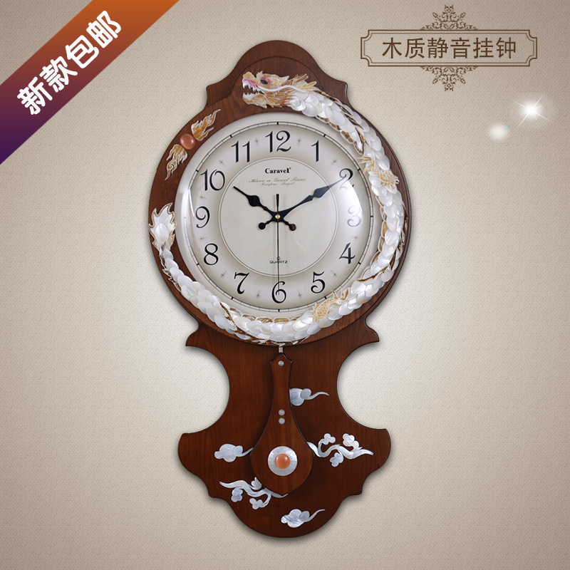 TQJ European style wood wall clock Korean color shell quartz clock living room clock bedroom muted hanging watch