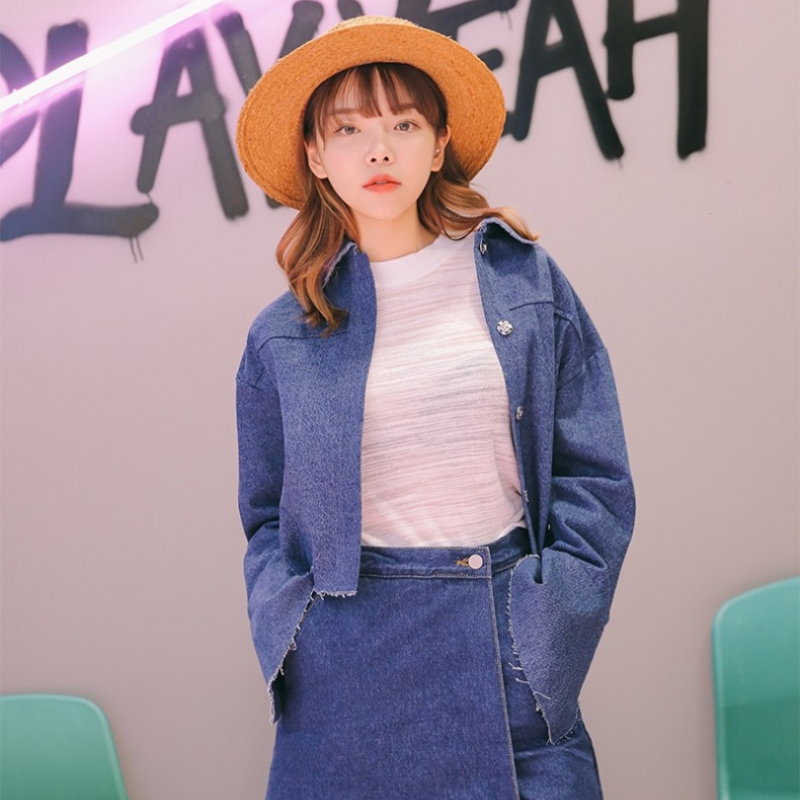 韩国stylenanda官方正品 毛边点缀加宽袖口短版牛仔夹克-牛仔蓝色