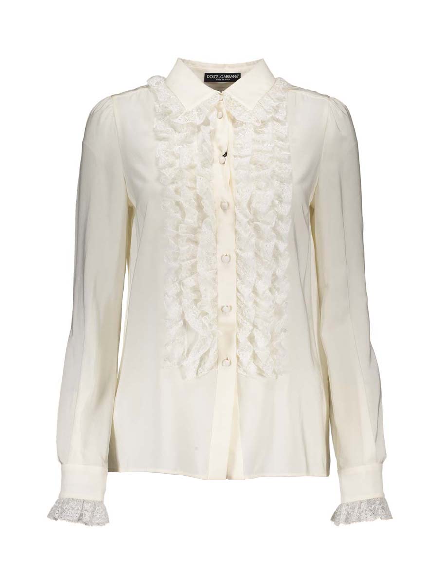 Dolce&Gabbana 米白色蕾丝花边饰长袖衬衫
