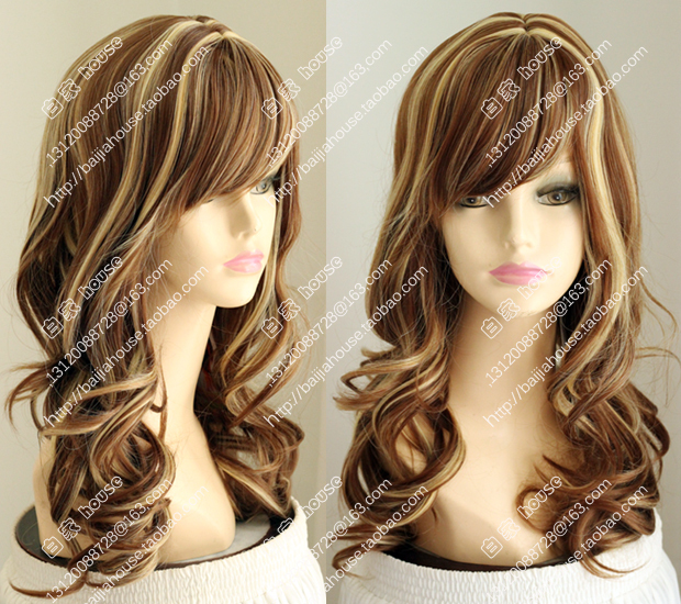 Pear Blossom Long Curly Hair, Foreign Trade Wig, Honey Brown with Golden Highlights, Simulated Scalp, Fluffy Air Curls, Large Waves