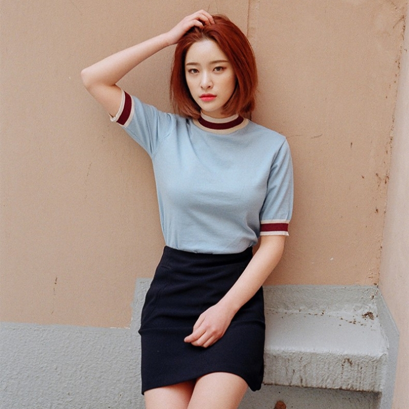 韩国stylenanda官方正品 配色条纹点缀短袖针织T恤-天蓝色