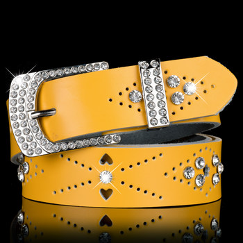 Hollow fashionable wide leather rhinestone encrusted women's belt
