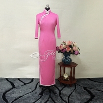  Yifu spring and autumn new wool pink cheongsam womens daily mid-sleeve long retro lace