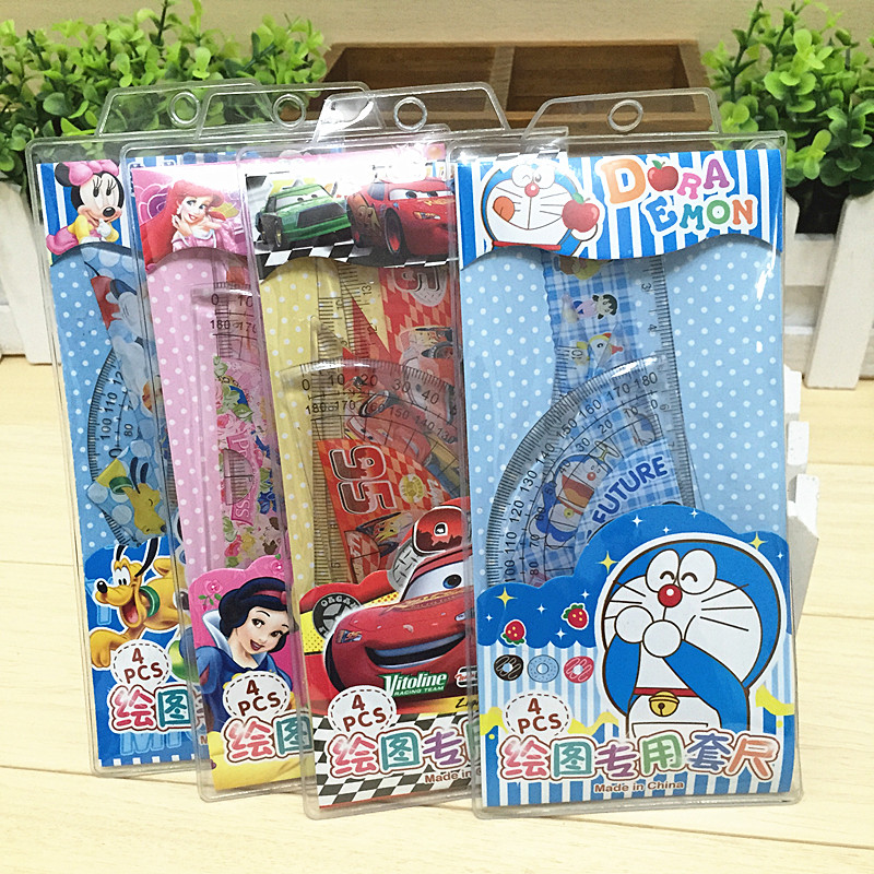 Children study sleeve Ruler Cartoon Four sets with Ruler Triangular Board Protractor Children Gift Wholesale