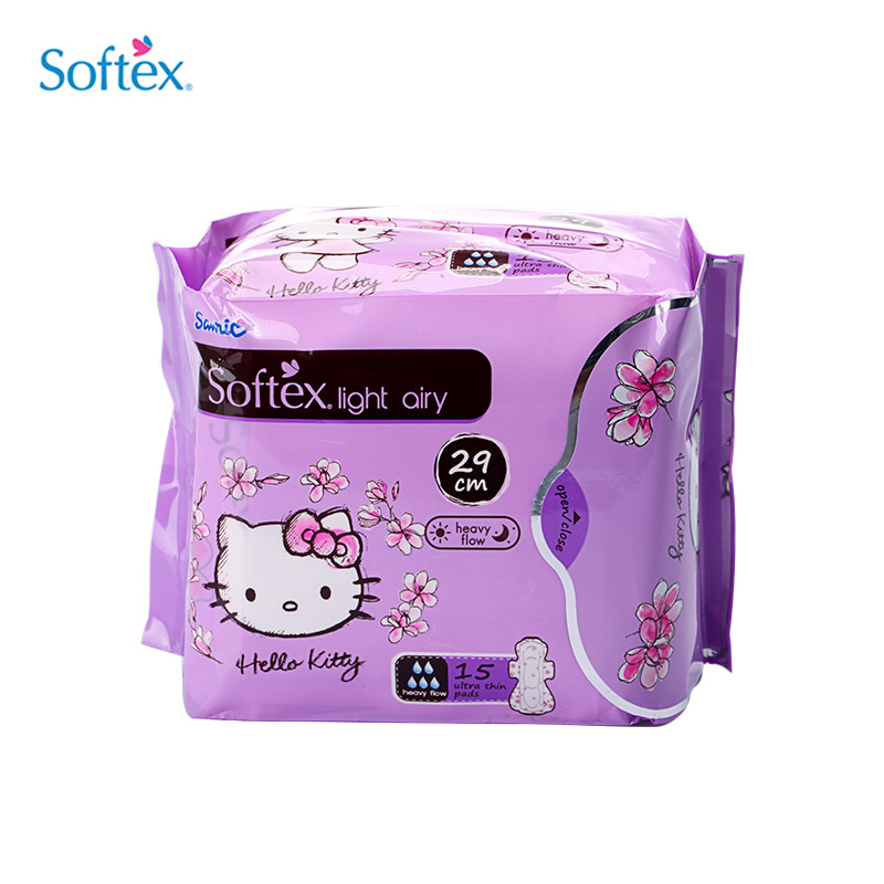 Softex Hello Kitty进口超薄加长290mm夜用卫生巾棉柔姨妈巾 15片