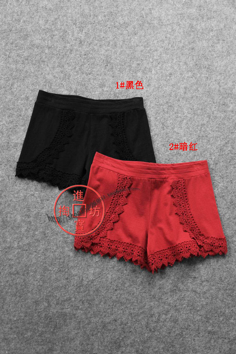 243D 0628 wide elastic middle waist hollowed-out lace hook flower splicing pure mian casual shorts