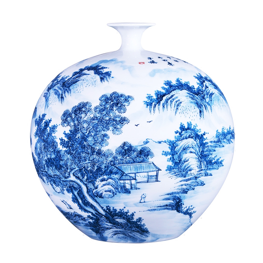 Jingdezhen ceramics new Chinese style household furnishing articles blue and white porcelain vase hand - made landscape flower arrangement sitting room adornment