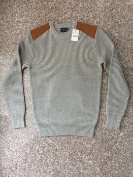 现货美国购入J.CREW男士纯棉加厚圆领套头毛衣肩部麂皮拼接