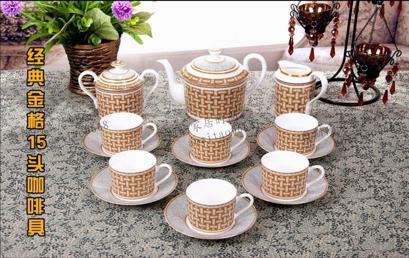 H golden coffee cup 15 heads porcelain English afternoon tea cup set European luxury gold grid