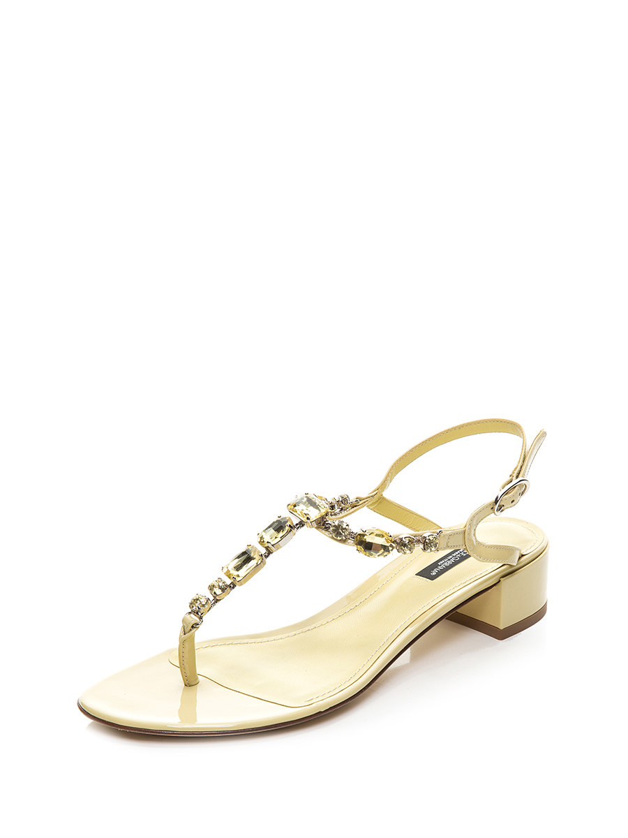Dolce&Gabbana 奶黄色晶钻T字带夹脚粗低跟凉鞋