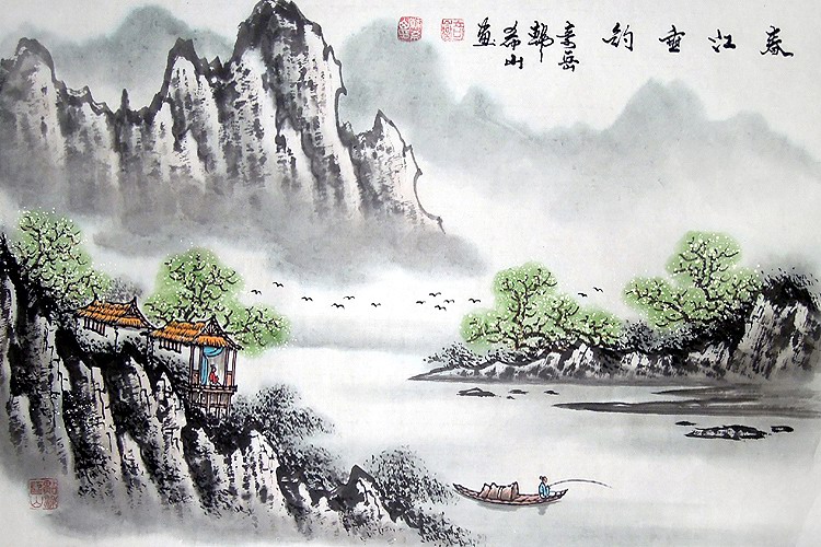 (Excellent painting art calligraphy and painting) C21696 Han Xishan landscape Chinese painting spring river fishing (four feet open three)