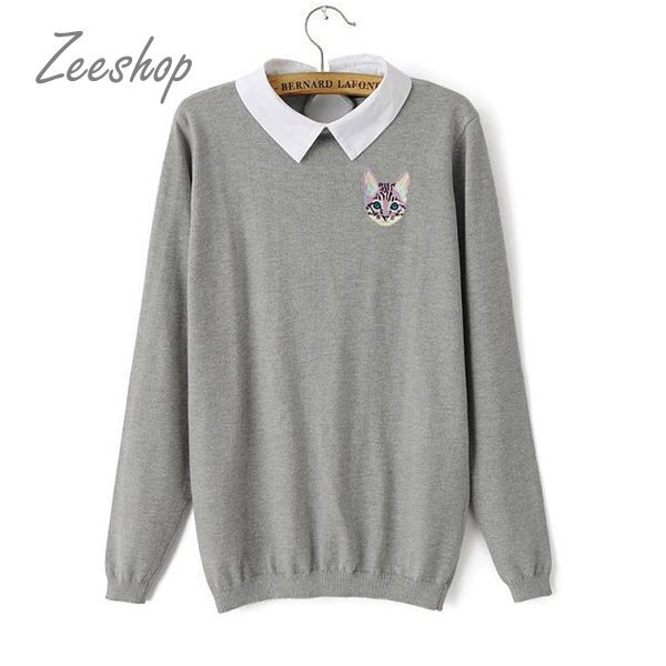 【Zeeshop】韩版。 拼色猫咪刺绣假两件针织衫z6台湾官网直邮进口
