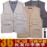 Mùa xuân và mùa thu quần áo trung niên và tuổi già vest nam nhiều túi cotton vest vest kích thước lớn dụng cụ bố in logo