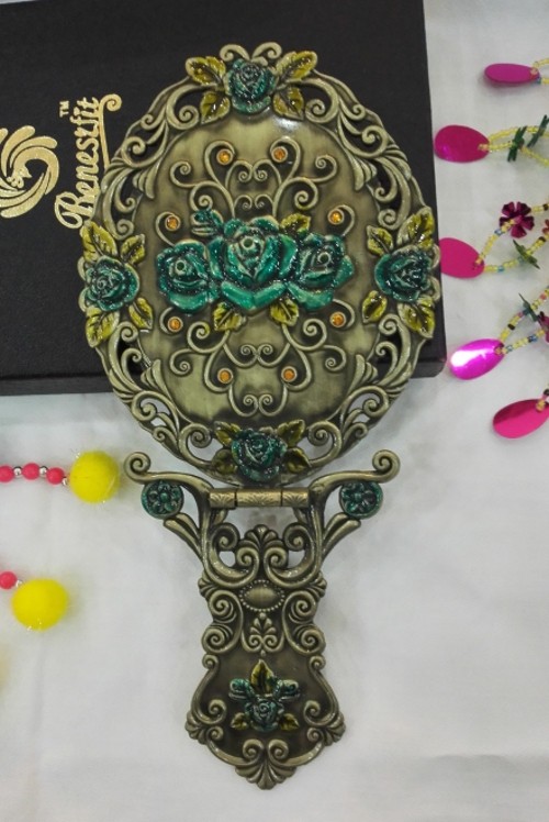 Russian Snow Lotus Folding Handle Mirror Color Painted Makeup Bench Mirror Retro Bronze Mirror