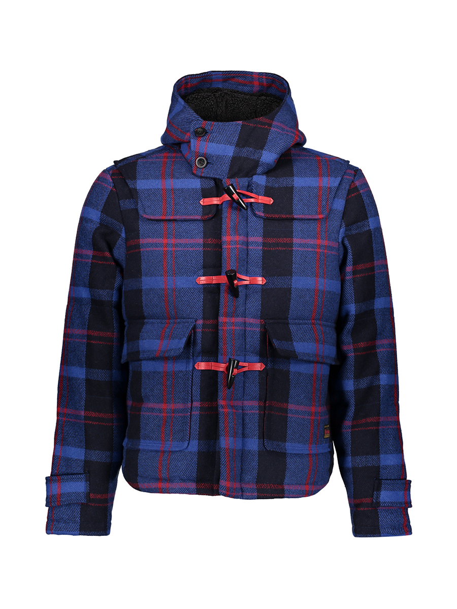 Evisu 红蓝拼色格纹牛角扣饰外套