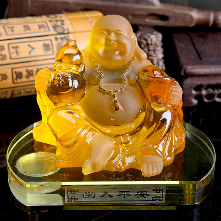 汽车香水座佛保平安开光 车载琉璃佛像摆件 高档饰品弥勒佛招财