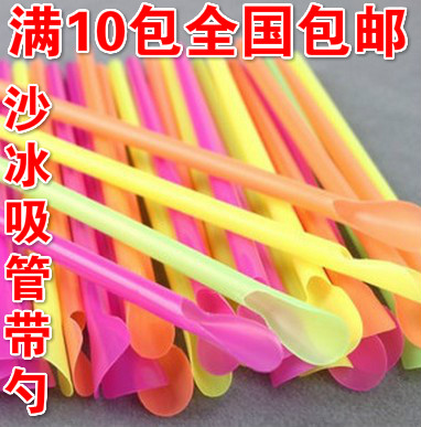 Disposable plastic milk tea juice drink sand ice straw spoon suction with spoon straw spoon type straw 100 support bag