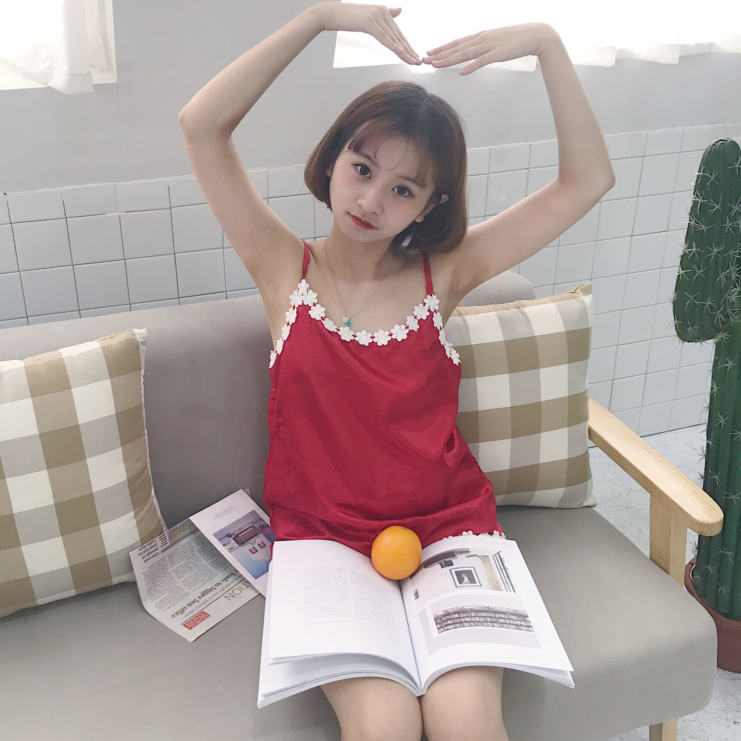 夏新款2017钩花修身短款吊带睡衣套装女高腰阔腿短裤家居服两件套