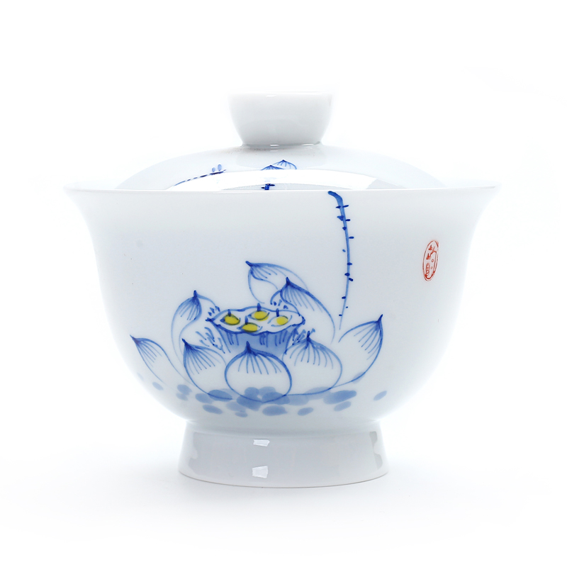 Old &, ceramic bowl is hand made lotus double tureen three bowl of kung fu tea set only white porcelain cup hand grasp pot