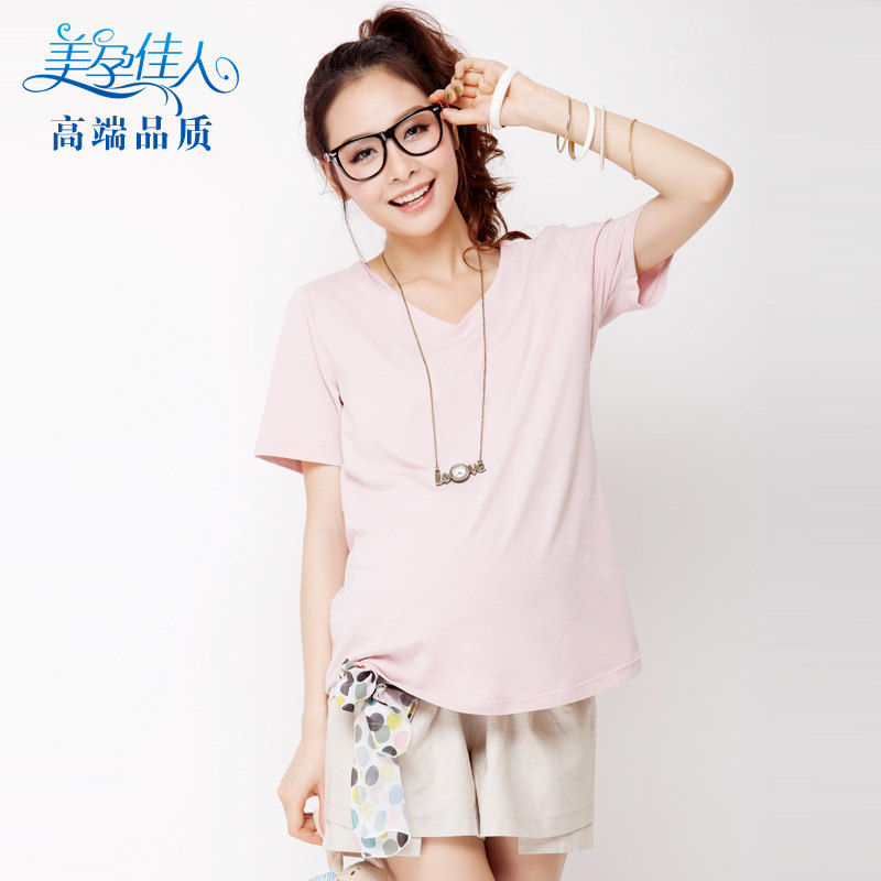 Pregnant woman summer dress Korean version fashion small V-neck pregnant woman T-shirt pregnant woman short-sleeved T-shirt pregnant woman top 1535