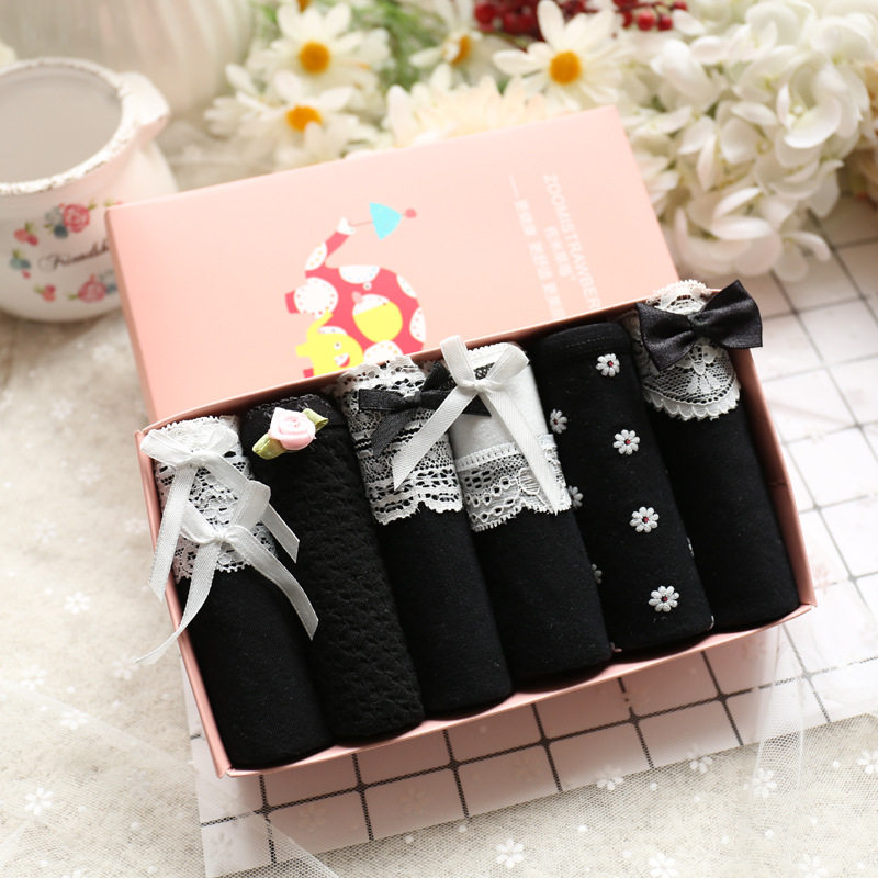 Underwear Girl Pure Cotton Low Waist Student Fresh Black 100% Full Cotton Cute Day Tie Triangle Pants Head Gift Box Dress