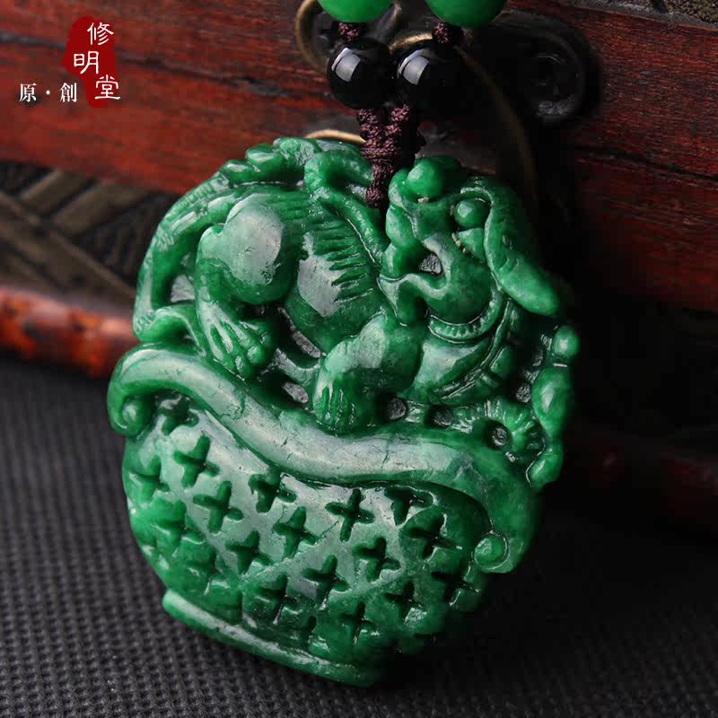 修明堂 包邮帝王绿满色干青玉 天禄貔貅 玉佩项链干青种吊坠挂件