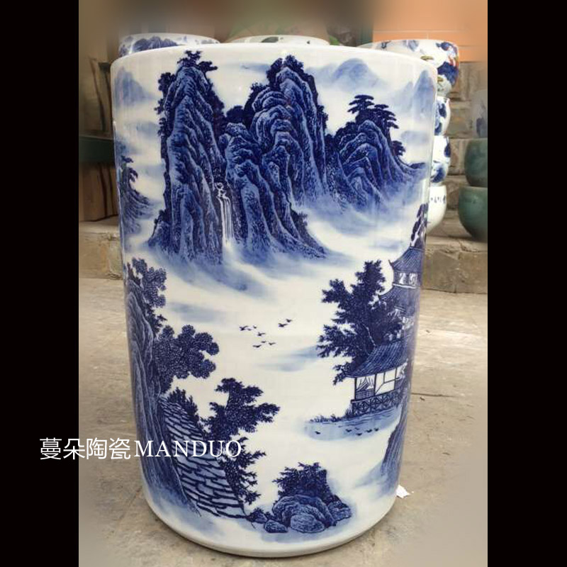 Jingdezhen blue and white landscape landscape umbrella barrel quiver big brush pot collection value - added vase sitting room adornment