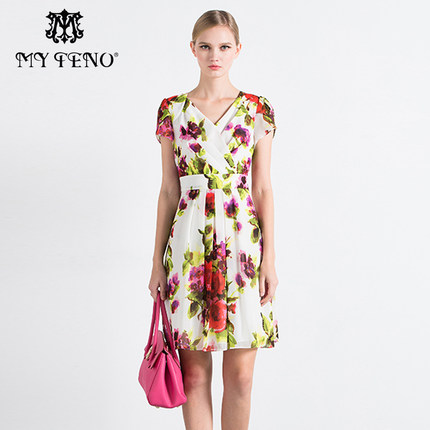 MY TENO\/马天奴夏新款女士印花碎花V领短袖