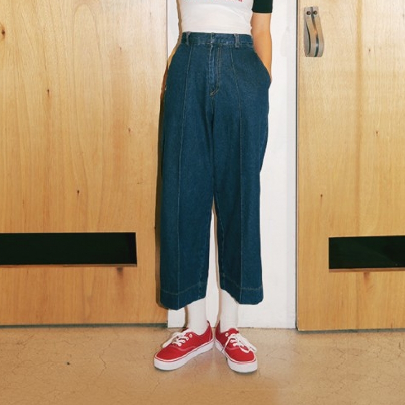 韩国stylenanda官方正品 个性9分牛仔阔腿裤-深牛仔蓝色
