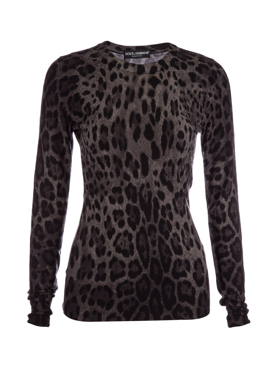 Dolce&Gabbana 灰色豹纹圆领针织上衣