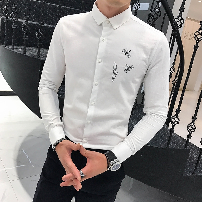 秋季新款男士长袖衬衫韩版修身蜻蜓刺绣衬衣发型师时尚休闲寸衫潮
