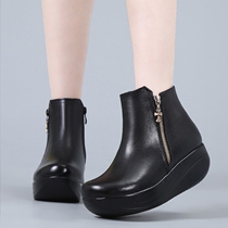Leather soft l shoes yao yao xie short boots plus velvet platform boots on high shoes boots showed up and took the casual shoes