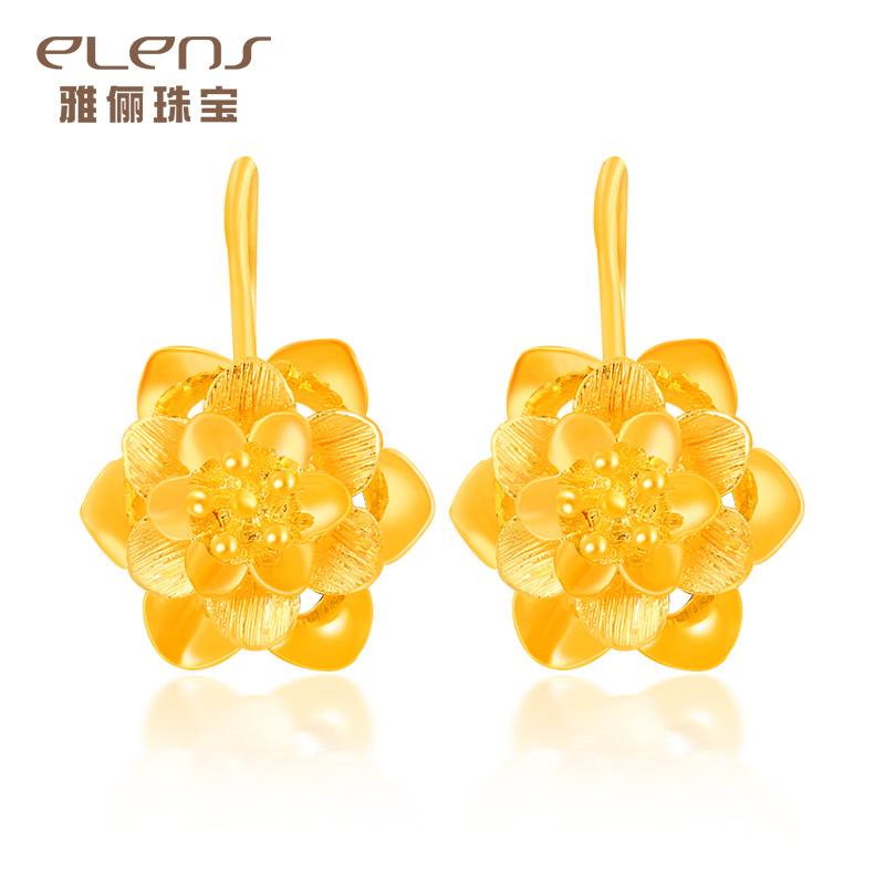 elens/雅俪珠宝黄金耳钉女款足金耳勾时尚牡丹花朵金耳环送礼自用