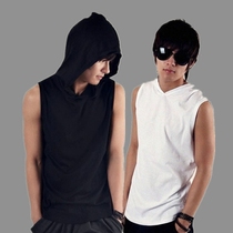 Korean version fitness white hooded vest mens cotton youth sports bottoming cut sleeves tight sleeveless t-shirt mens summer