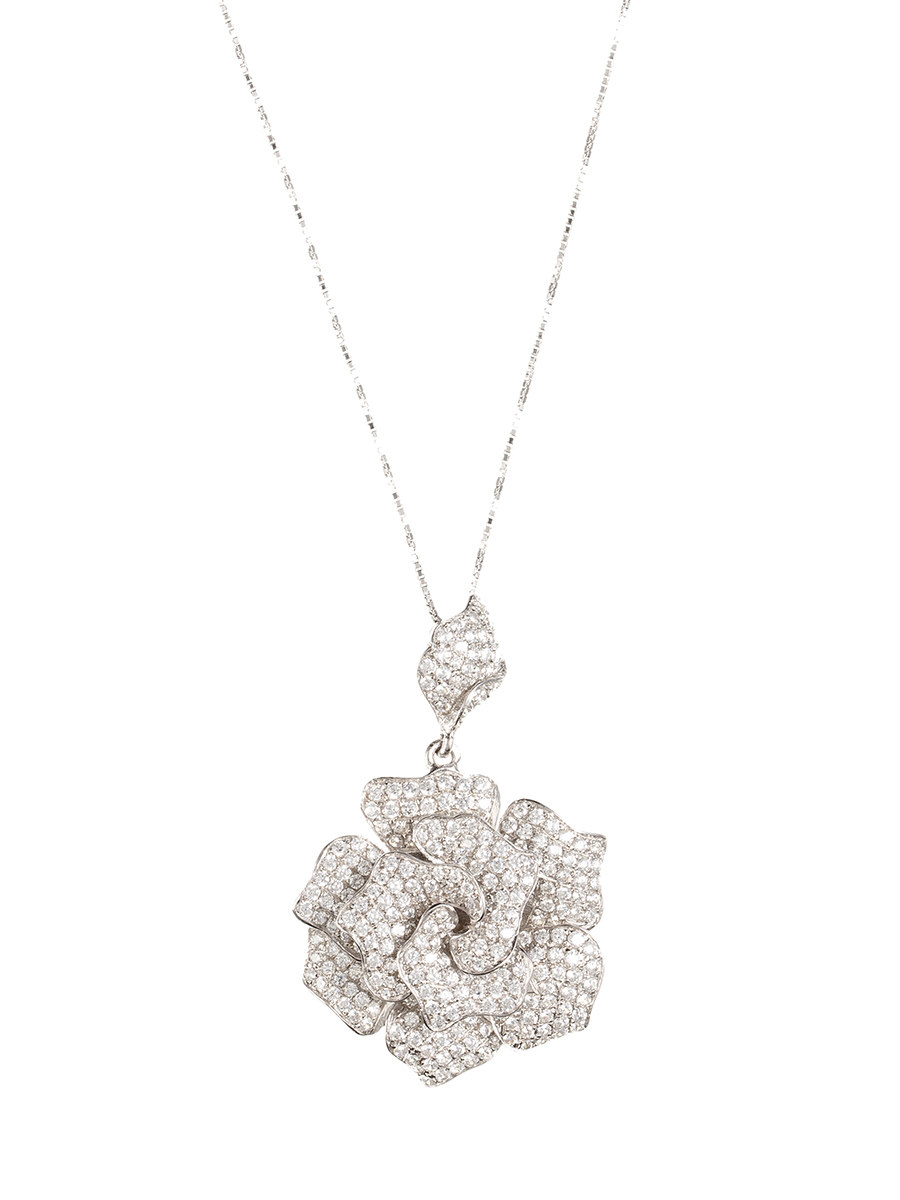 viva 自由韵律系列伯爵玫瑰镶钻银色立体玫瑰花吊坠