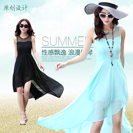 雪纺lyq新连衣裙夏天2015修身夏裙连衣裙仙显瘦中长款燕尾中裙潮