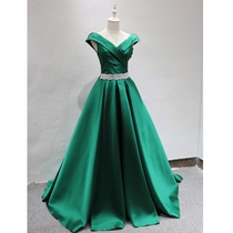 Straight Shoulder Big and Green Satin Late Courtesy of the Ancient Conspicuity Bride to the Wine Taverine Banquet Hosted the Annual Meeting of the Gala Evening Dress