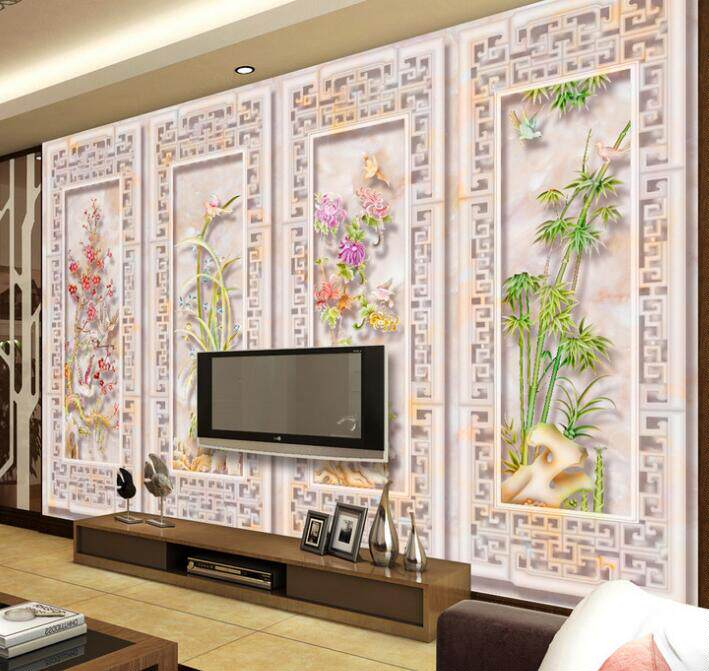 Tile background wall porch living room TV sofa background jade carving plum orchid bamboo chrysanthemum four gentlemen ceramic background