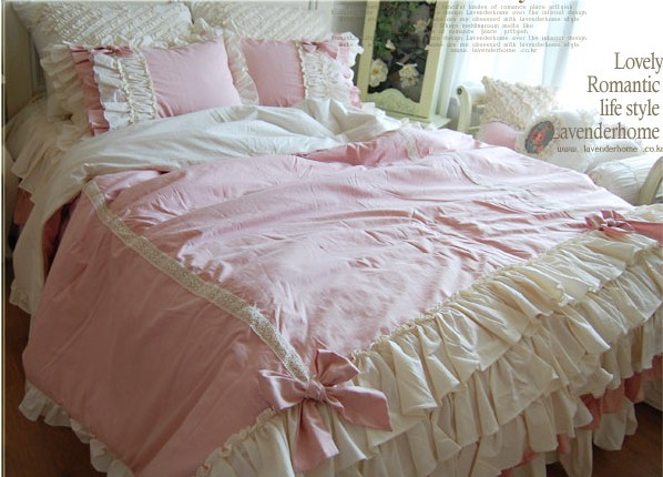 South Korea imported bean paste beige layer ruffles sweet bow cake lace four-piece bedding