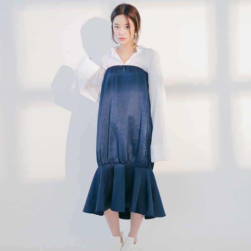 韩国stylenanda官方正品 光泽感荷叶边抹胸连衣裙-海军蓝色